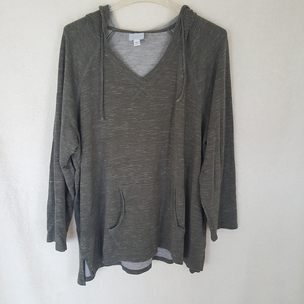 Grey-green hooded top with kangaroo pocket